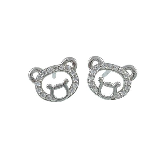 Cubic Zirconia Small Bear Face Stud Earrings | Vintage Sterling Silver 925 - Picture 1 of 4